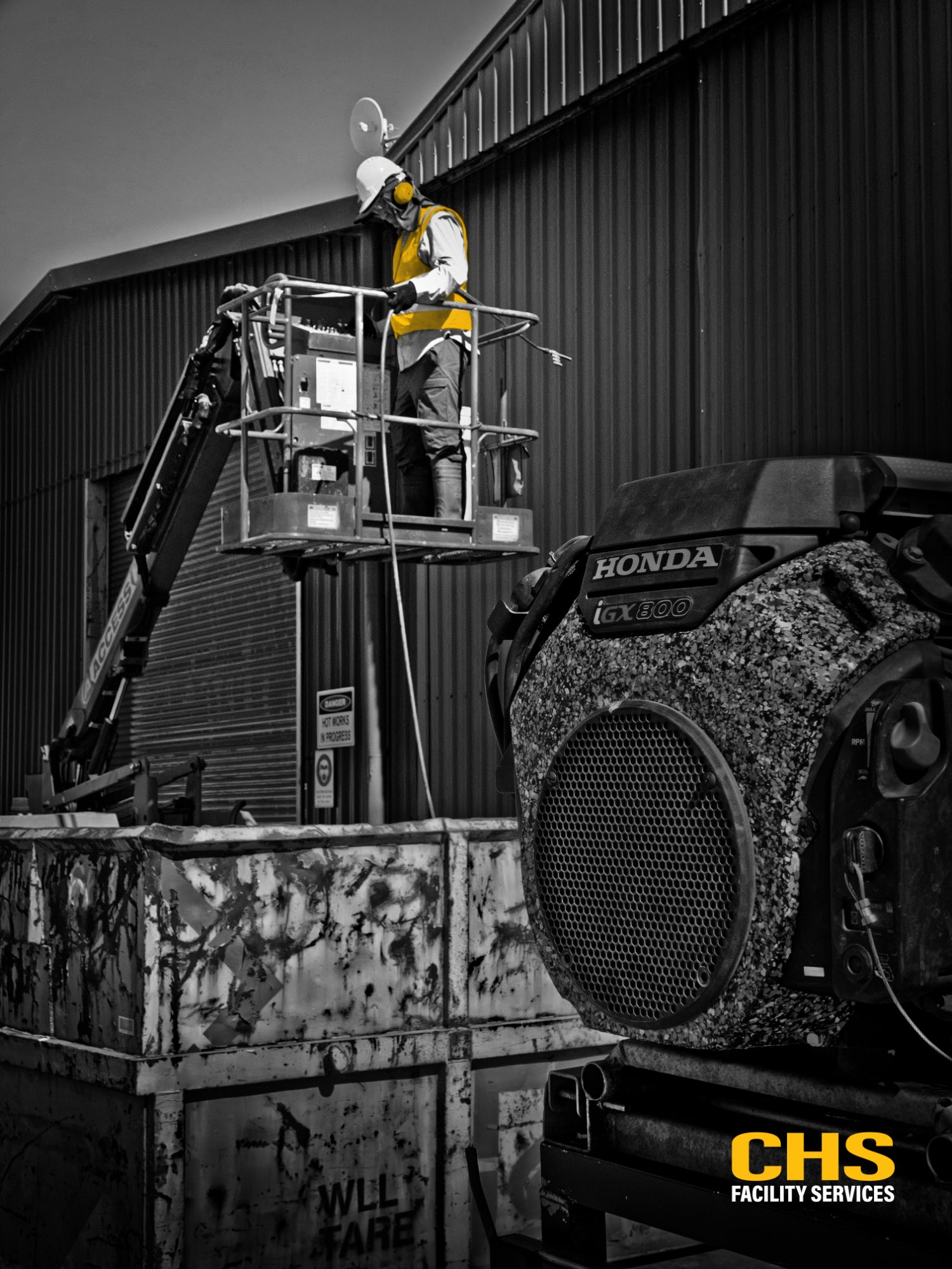 CHS technician on scissor lift height access works Adelaide